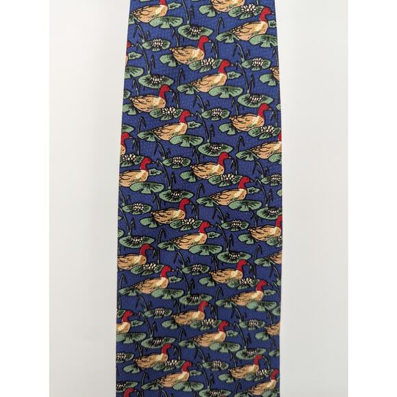 VINTGAGE EUC 100% Silk FU F YUNLAI Neck Tie w Ducks in Pond Pattern - Picture 1 of 5